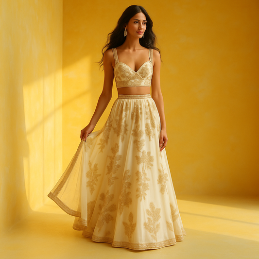 Golden Ivory Embroidered Festive Lehenga